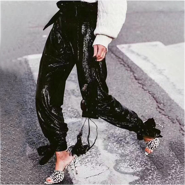 Pantalones de Cintura Alta con Lentejuelas y Efecto Bandage