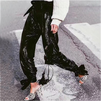 Pantalones de Cintura Alta con Lentejuelas y Efecto Bandage