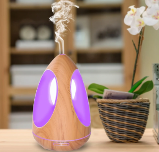 Wood grain essential oil diffuser with purple LED light and cool mist, ideal for yoga, spa, or living room.