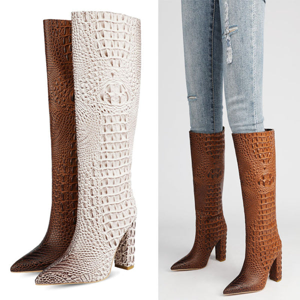 Botas Altas de Cuero con Tacón Grueso y Punta Afilada - Tallas Grandes