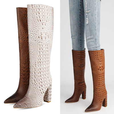 Botas Altas de Cuero con Tacón Grueso y Punta Afilada - Tallas Grandes