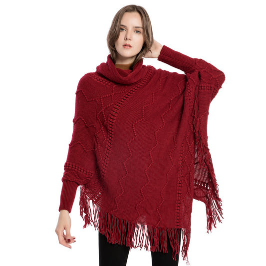 Suéter de Cuello Alto con Flecos Acrilico - Poncho Cálido y Elegante