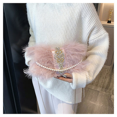 Bolso de Noche Elegante con Plumas de Avestruz y Cadena de Perlas - Image 36