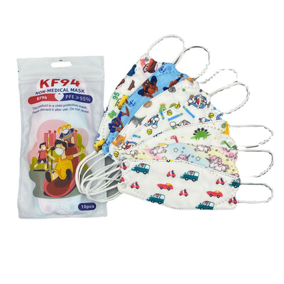 Two white children's face masks with colorful cartoon dinosaurs, including red, green, and teal, on a white display stand. - Image 8