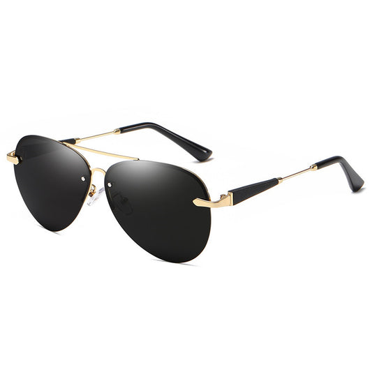 Classic rimless aviator sunglasses with black metal frames and dark black-gray polarized lenses on a white background. - Image 17