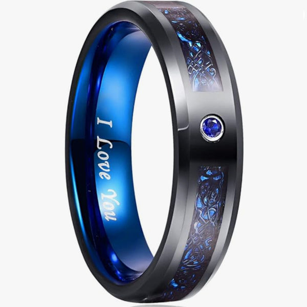 Anillo de Acero Tungsteno Azul y Negro con Incrustaciones de Circonia Cúbica para Hombre