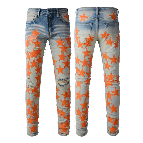 Jeans Perforados Ligeros Orange Star Estilo Europeo Americano para Hombre