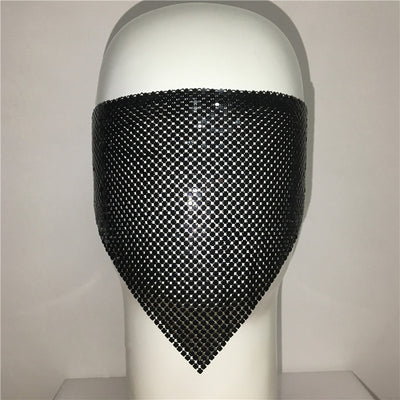 Gold rhinestone mask made of metal mesh, covering the face from the eyes to below the chin, displayed on a white mannequin head. - Image 14