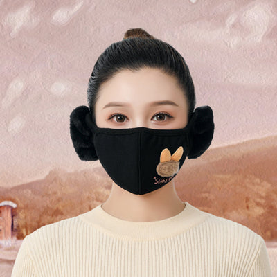 Brown winter mask with integrated faux fur earmuffs, featuring 'my girl' text and floral lace embroidery.