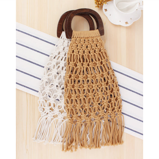 Bolsa Tejida Portátil con Asa de Madera - Bolso de Fibra Natural y Cuerda de Algodón - Image 9
