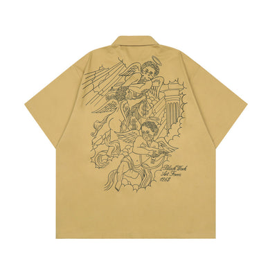 Camisa Manga Corta Hombre Verano Estilo Japonés Bordado Ángel Street - Image 4