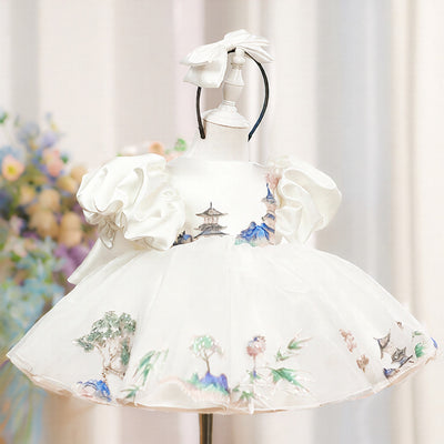 Vestido de Fiesta Infantil Blanco con Mangas Abullonadas de Satén - Image 11