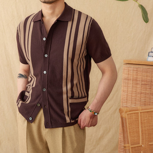 Cardigan Polo de Punto Transpirable con Rayas de Algodón