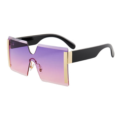 Frameless sunglasses with pink gradient lenses, black temples, and gold-tone accents on a white background. - Image 11