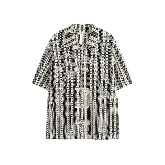 Camisa de Verano Beige y Negro con Cuello Vuelto y Manga Corta - Image 6