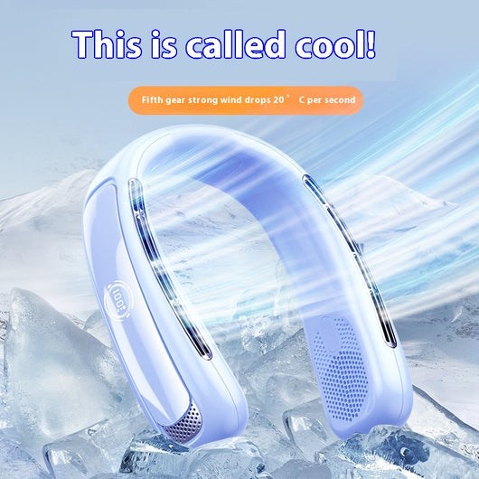 Light blue U-shaped neck fan with a digital display showing 100% charge and multiple air vents. - Image 5
