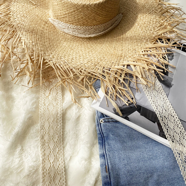Sombrero Grande de Rafia Tejido a Mano con Borde Deshilachado para Verano
