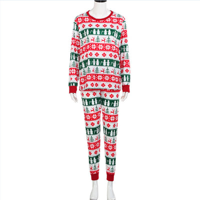 Christmas long-sleeved pajama set with red, green, and white fair isle print featuring snowmen, reindeer, and trees. - Image 12