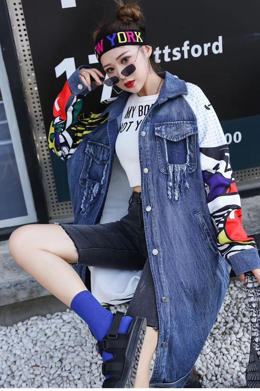 Chaqueta Denim con Detalles de Costura Graffiti - Abrigo Largo Tipo Windbreaker - Image 2