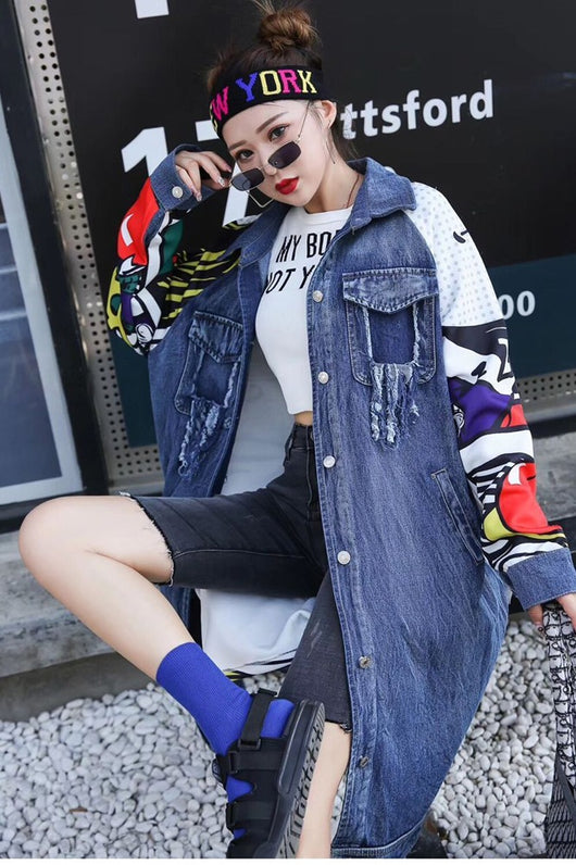 Chaqueta Denim con Detalles de Costura Graffiti - Abrigo Largo Tipo Windbreaker - Image 2