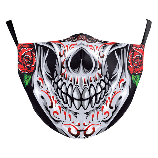 Digital printing dust mask with a funny ghost face and clown design, featuring a sugar skull pattern in red, yellow, and brown. - Image 14