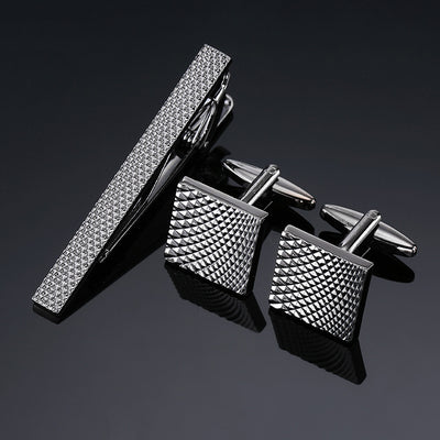 Juego de Clips de Corbata y Gemelos con Cristales Negros y Patrón Floral Esmaltado en Oro y Plata - Image 12