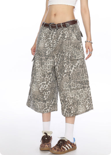 Pantalones Capri Cargo Denim Estampado Leopardo para Mujer Verano