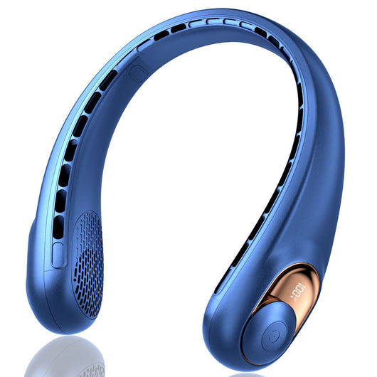 Dark blue U-shaped neck fan with air vents, small fan grilles, and a rose gold accent ring. - Image 16