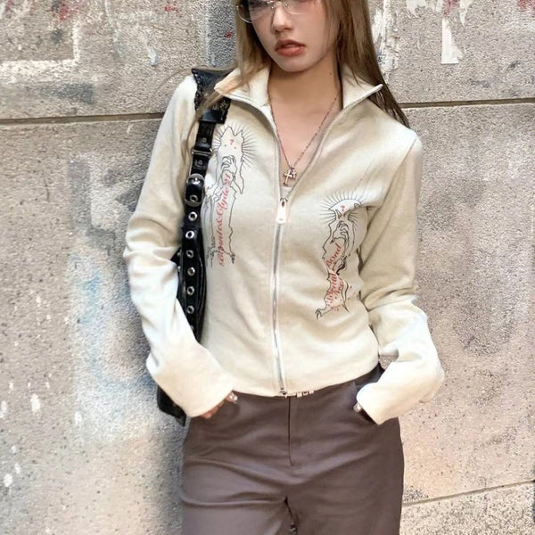 Suéter Blanco con Cuello Mao Estampado para Mujer