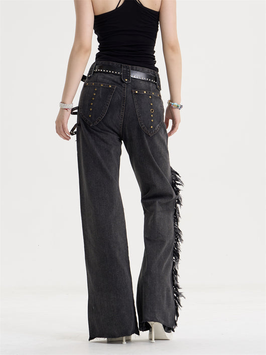 Jeans Retro Americano para Mujer con Parches de Borla y Costuras Decorativas - Image 5