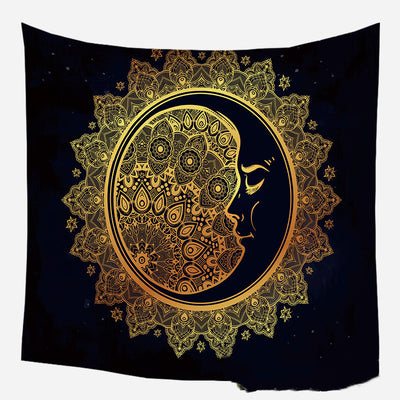 Golden crescent moon and woman silhouette tapestry with a floral crown against a dark blue starry background. - Image 60