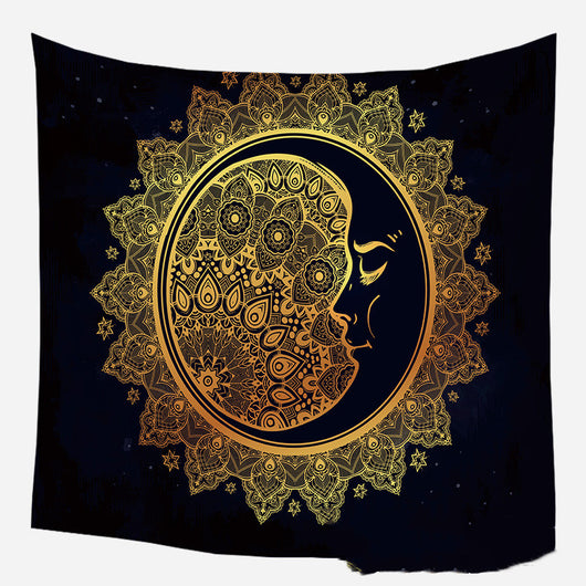 Golden crescent moon and woman silhouette tapestry with a floral crown against a dark blue starry background. - Image 60