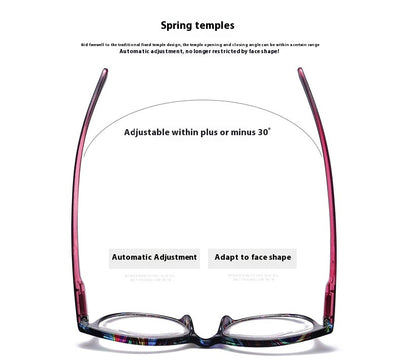 Four pairs of anti-blue light reading glasses with colorful full-rim frames in pink, tea, blue, and violet patterns. - Image 14