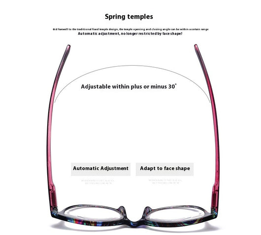 Four pairs of anti-blue light reading glasses with colorful full-rim frames in pink, tea, blue, and violet patterns. - Image 14