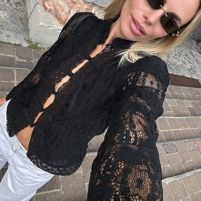 Blusa Jacquard Tejida con Cuello Mao y Mangas Abullonadas para Mujer - Blanco - Image 3