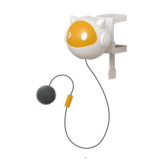 White and yellow electric cat toy with a telescopic string and a grey fluffy ball, designed to clamp onto surfaces. - Image 5