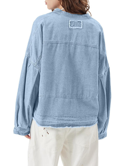 Blusa Denim Holgada de Cuello V y Manga Larga Versátil - Image 12