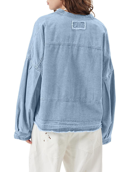 Blusa Denim Holgada de Cuello V y Manga Larga Versátil - Image 12