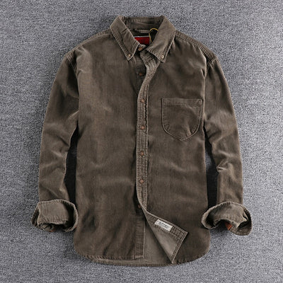 Camisa de Pana Manga Larga Retro con Combinación de Colores para Hombre - Image 11