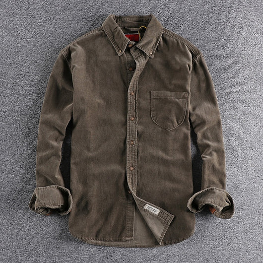 Camisa de Pana Manga Larga Retro con Combinación de Colores para Hombre - Image 11