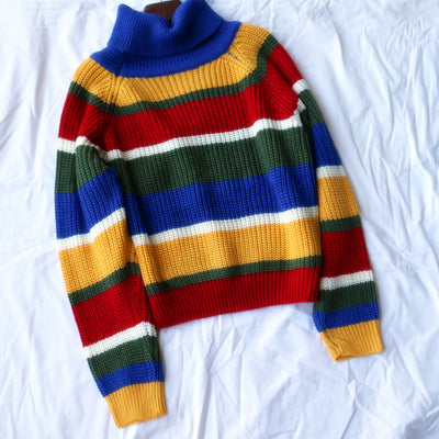 Suéter Cuello Alto Rayas Arcoíris con Bordado de Letras - Pullover Holgado Casual para Mujer - Image 12