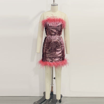 Falda Traje de Lentejuelas y Plumas Rojo Rosa para Mujer - Image 4