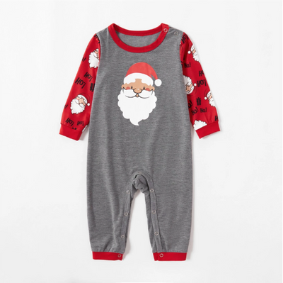 Children's grey and red long-sleeve pajama set with Santa Claus graphic on top and repeating Santa pattern on pants. - Image 11