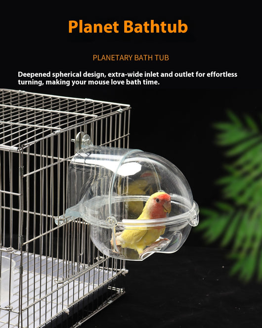 Transparent spherical bird bathtub with a perch, designed to attach to a bird cage, showing dimensions. - Image 8