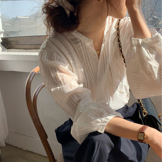Blusa Elegante de Encaje Hueco con Cuello Redondo