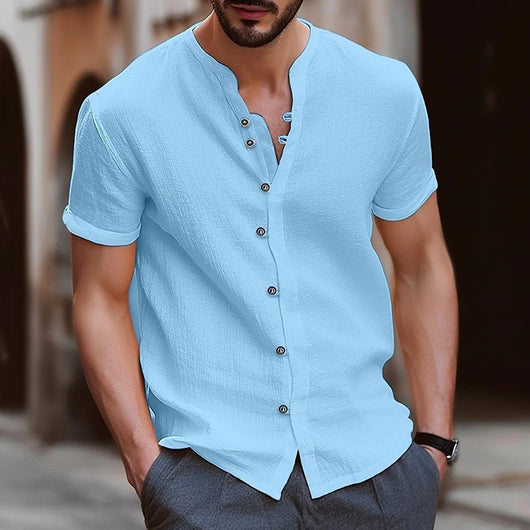 Camisa Retro de Algodón y Lino para Hombre con Botones - Manga Corta Casual - Image 15