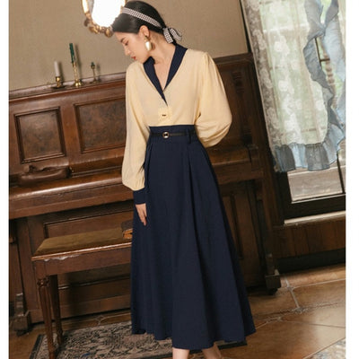 Conjunto Elegante Retro: Blusa de Temperamento y Falda Azul Marino - Image 12