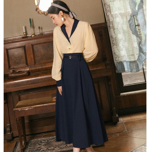 Conjunto Elegante Retro: Blusa de Temperamento y Falda Azul Marino - Image 12