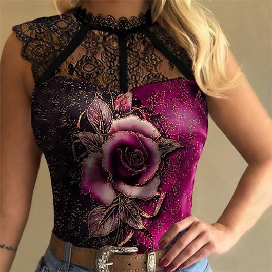 Blusa Casual Ajustada con Encaje Estampado para Mujer - Image 5