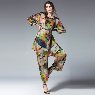 Traje Suelto de Seda Satinada Estampada con Cuello Redondo - Image 9